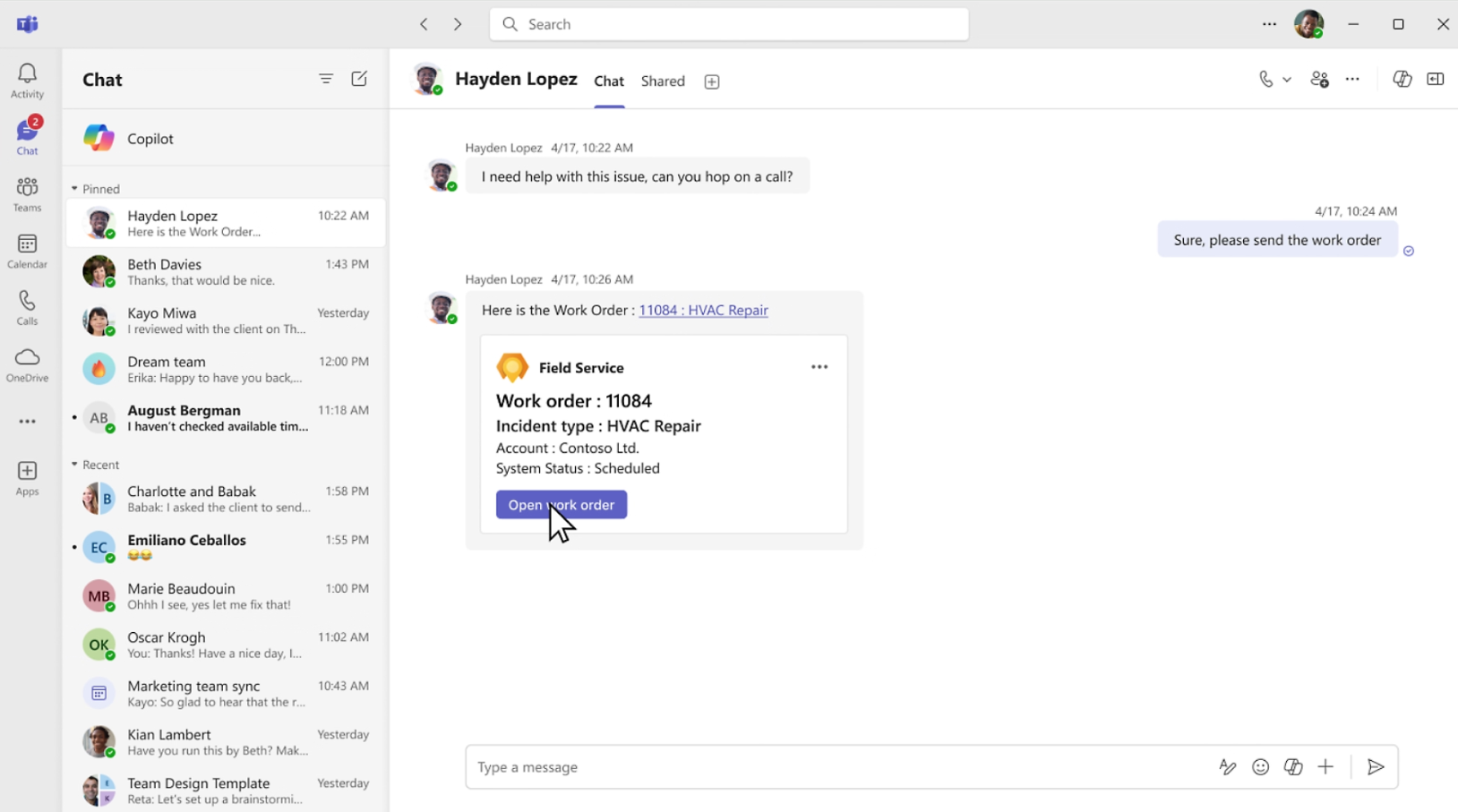 work order in teams in microsoft Maintenance management software